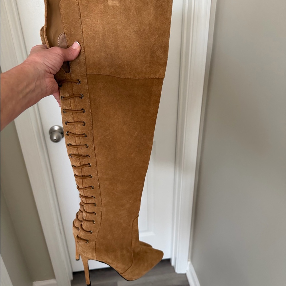 Nordstrom Tan Suede Over-The-Knee Lace-Up Stiletto Boots